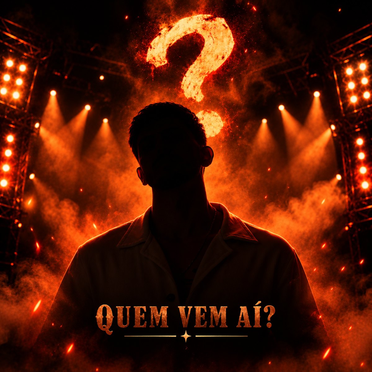 Silhueta de um artista no palco com um ponto de interrogação em chamas: quem vem aí?
