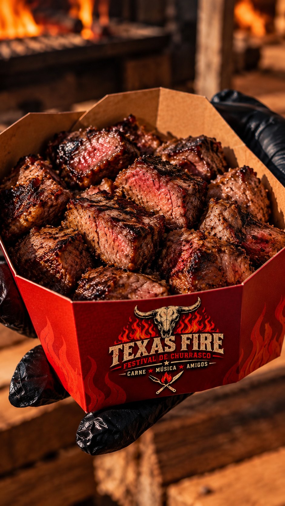 Cubos de carne na brasa em caixinha vermelha do Texas Fire