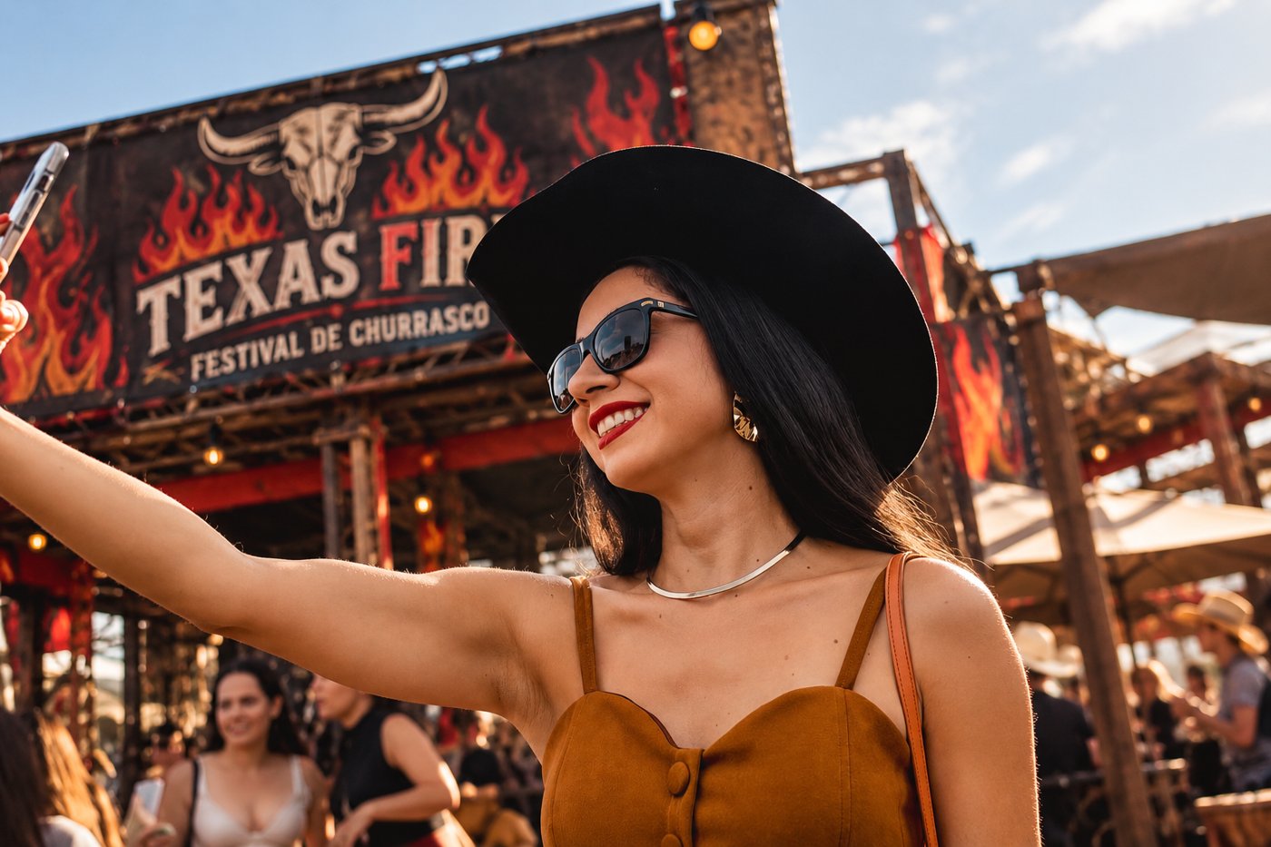 Mulher de chapéu de cowboy tirando selfie em frente ao painel do Texas Fire
