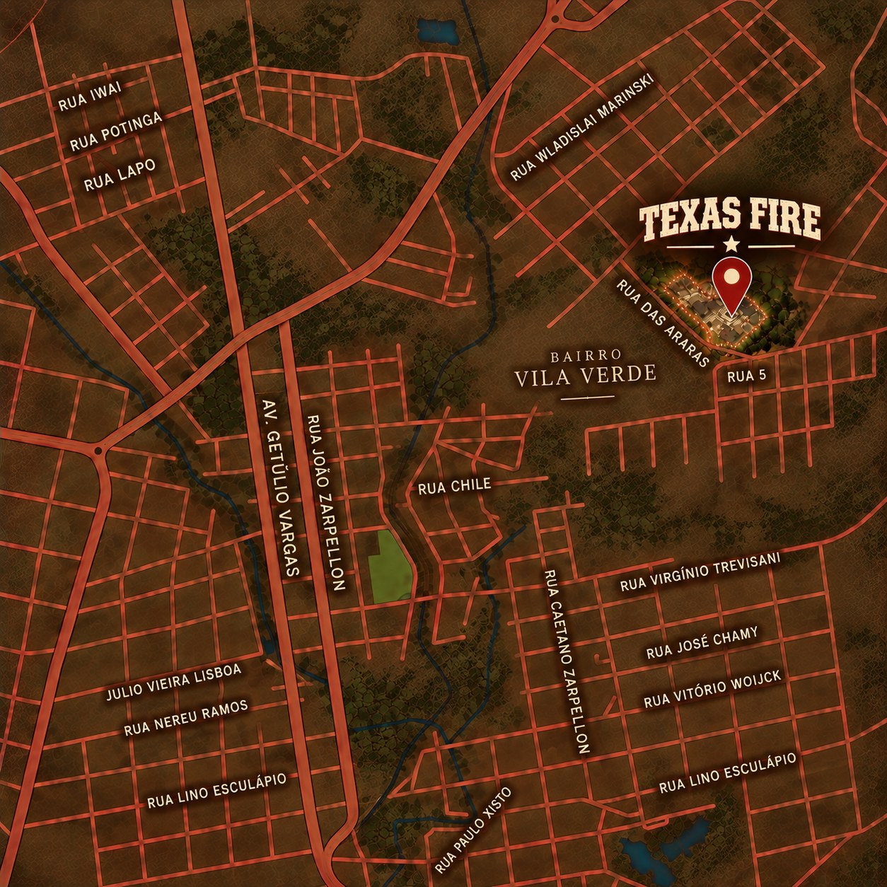 Mapa de Irati mostrando o Texas Fire no bairro Vila Verde, perto da Av. Getúlio Vargas