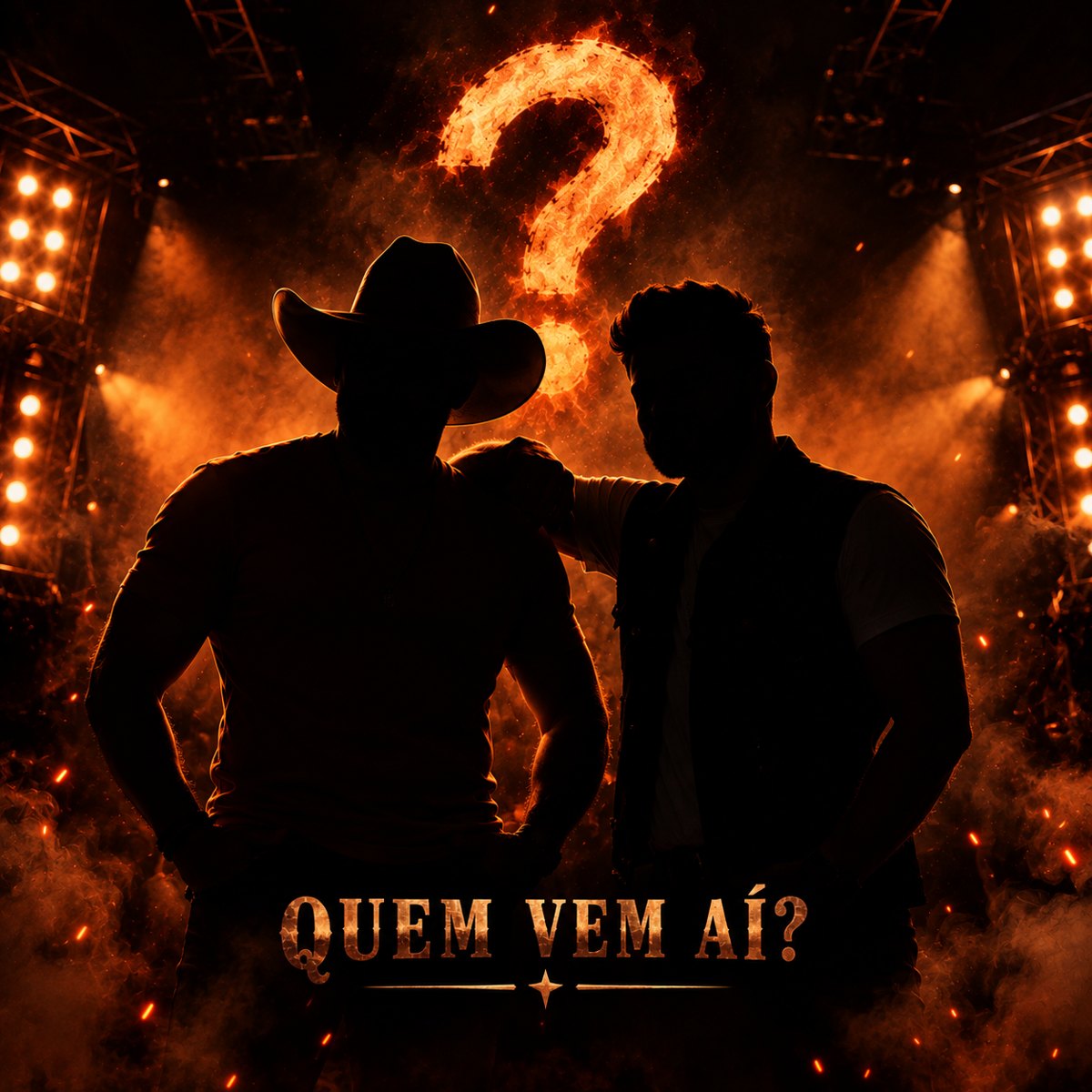 Silhueta de uma dupla sertaneja no palco com um ponto de interrogação em chamas: quem vem aí?